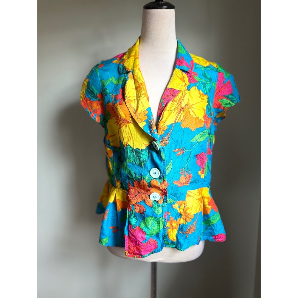 Nanette Lepore 10 Peplum BlouseTropical Floral y2k boho fairy resort yellow blue